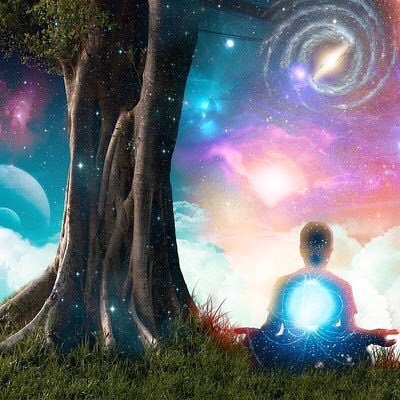 Illustration of a person meditating under a tree beneath a glowing, starry sky