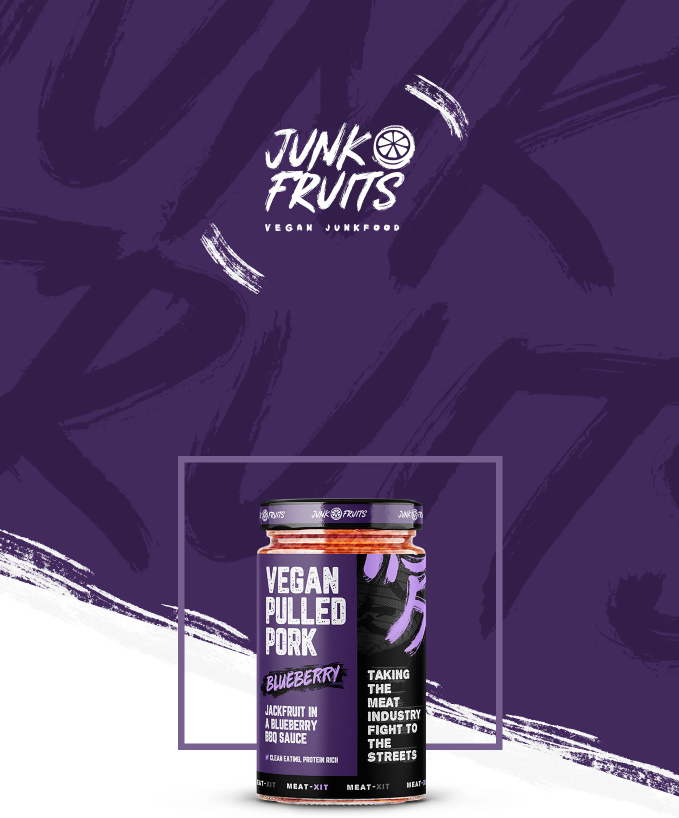 Junk Fruits vegan pulled pork jar: jackfruit in a blueberry BBQ sauce